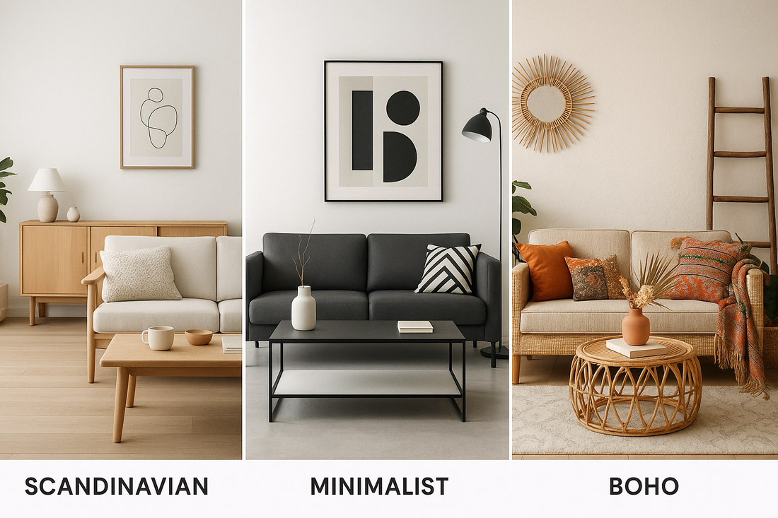 Interior style comparison - Scandinavian with light wood, Minimalist with sleek black and white, Boho with colorful textiles and plants