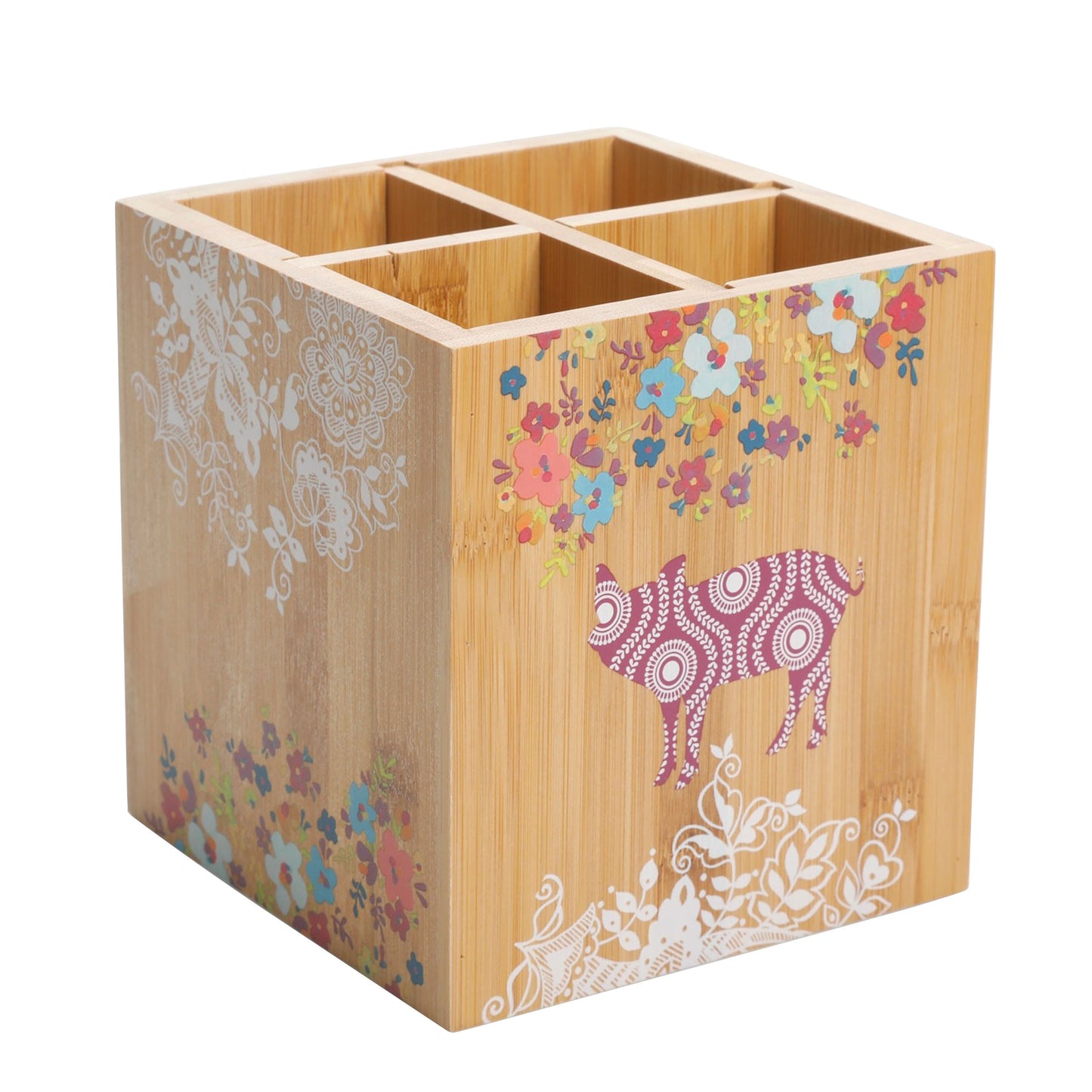 Gibson Urban Market 5.5 inch square bamboo utensil holder with farm animal and floral print for farmhouse kitchen organization
