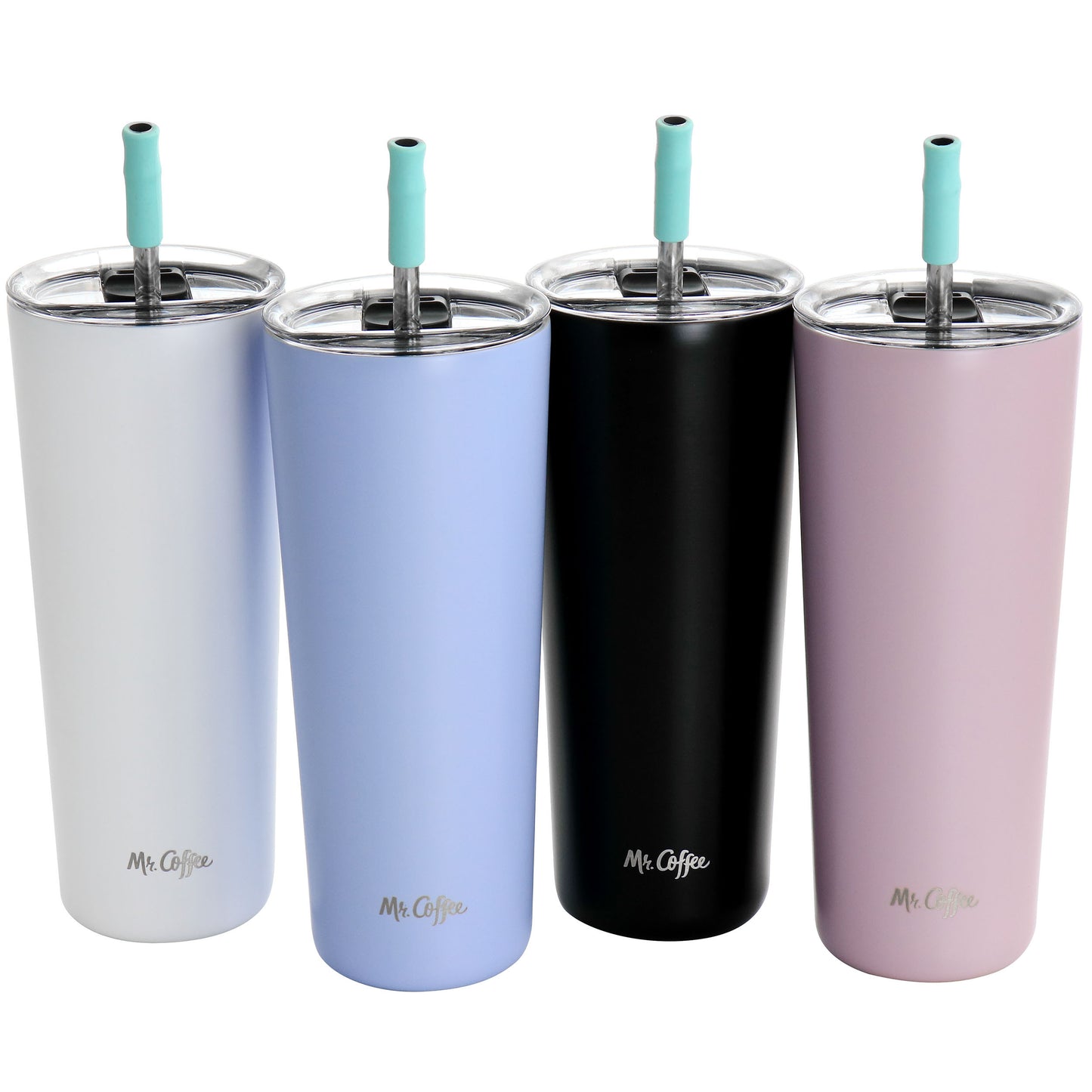 Mr Coffee Java Quest 4 piece 23 oz stainless steel tumbler set with lids and straws assorted colors double-wall insulation leak-proof travel mug coffee tumbler reusable eco-friendly drinkware hot cold beverages