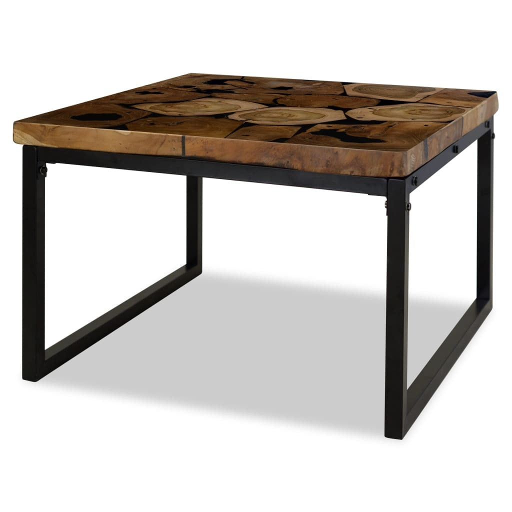 Side view of teak wood coffee table showing black metal frame construction