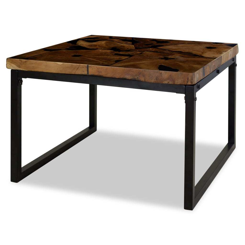 Angled view of square teak coffee table with black and brown finish