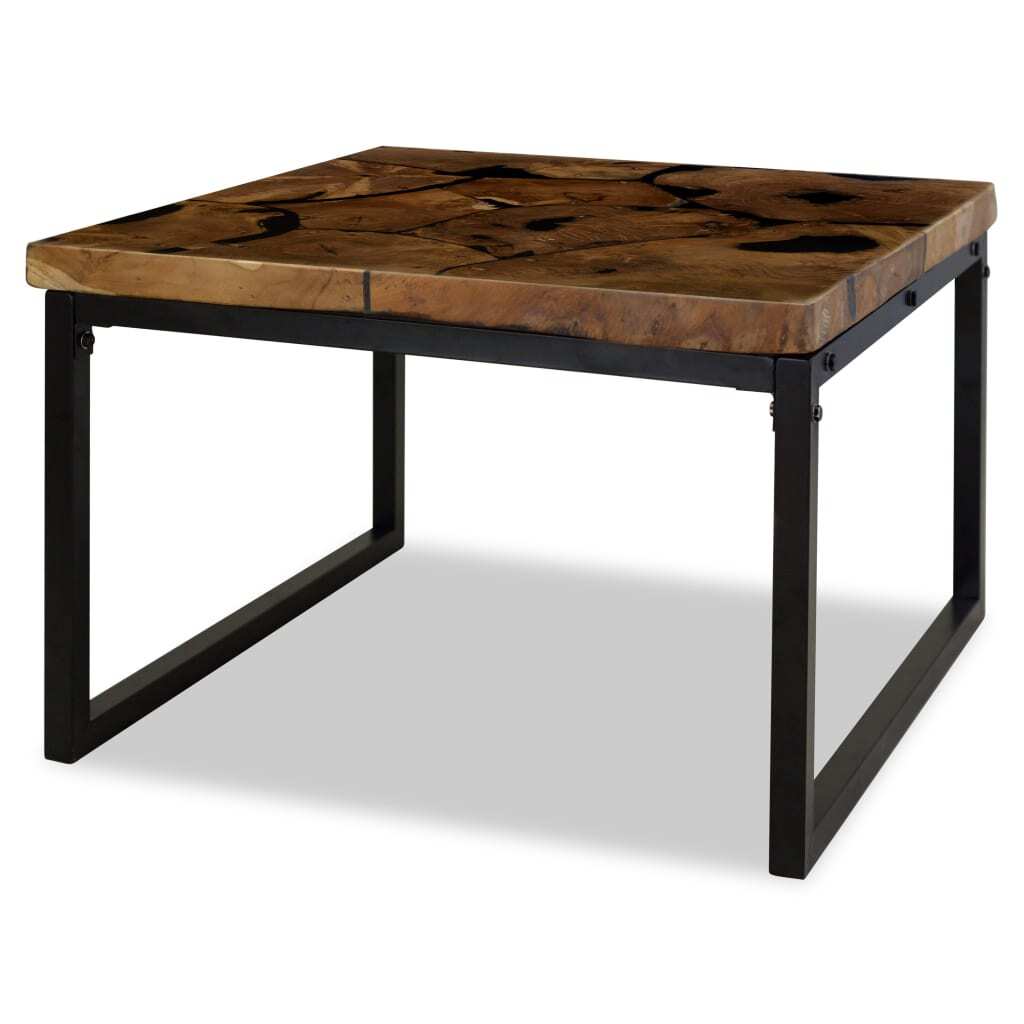 Front view of industrial teak wood coffee table with geometric design