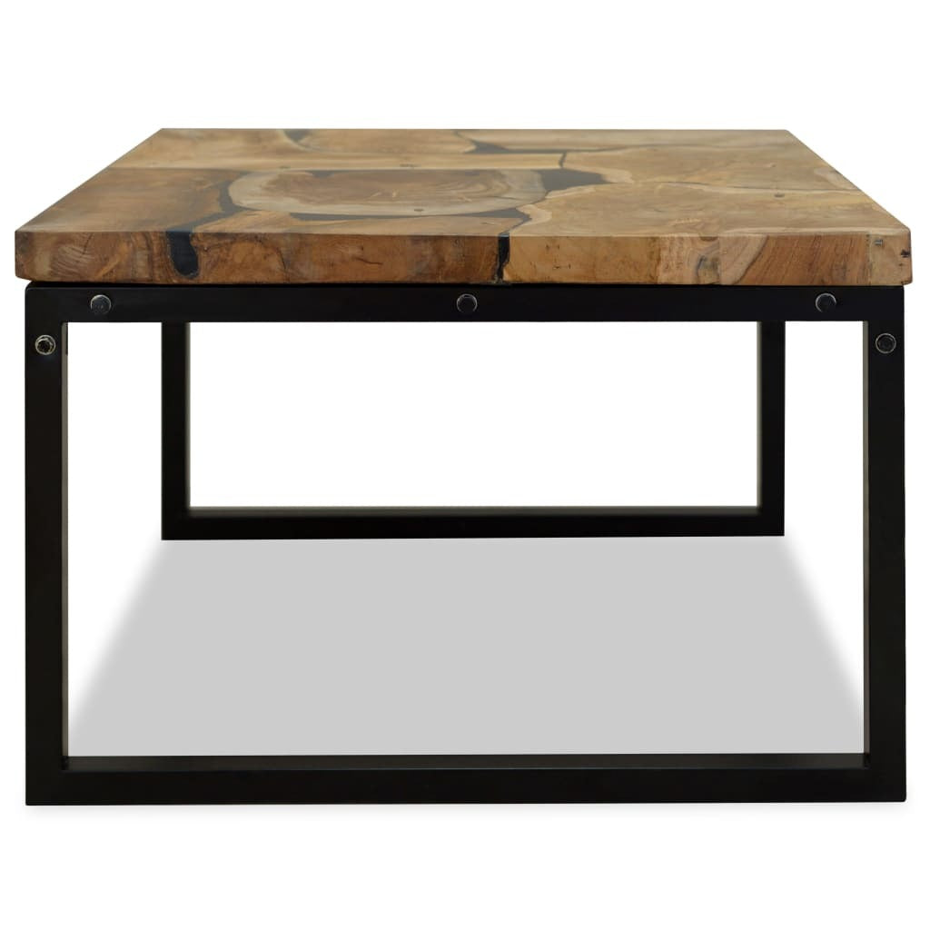 Teak wood coffee table showing lower shelf storage with black frame