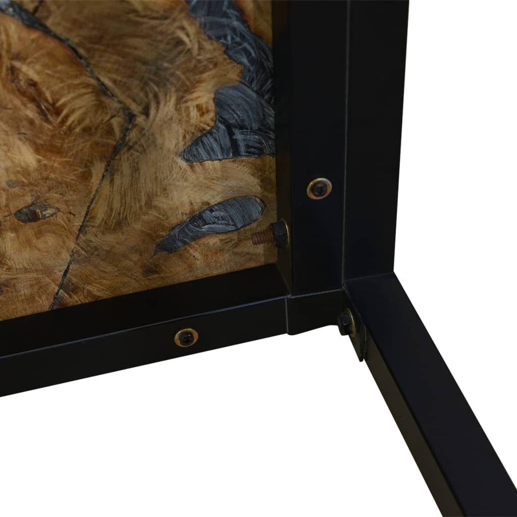 Overall view of square teak wood coffee table with industrial black accents