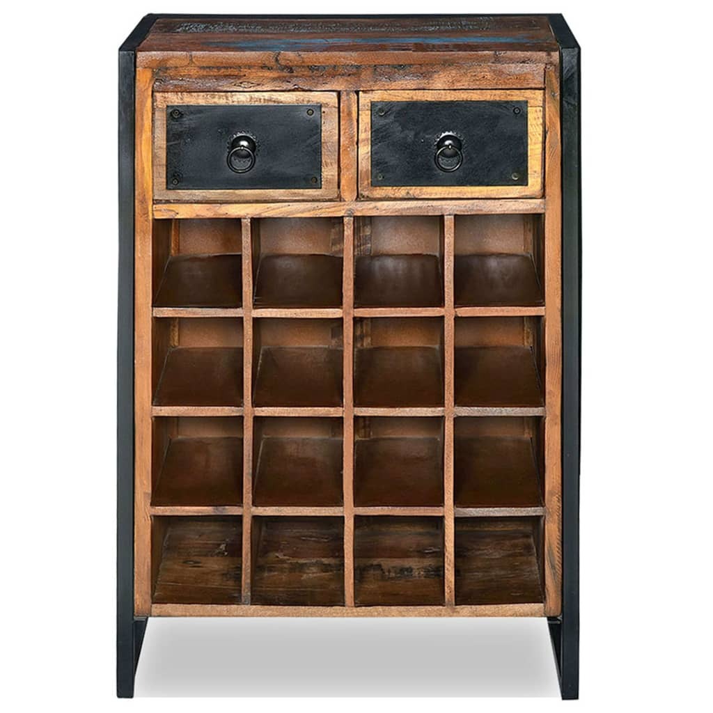 Close-up of reclaimed wood wine rack showing authentic weathered texture and metal accents, industrial rustic design
