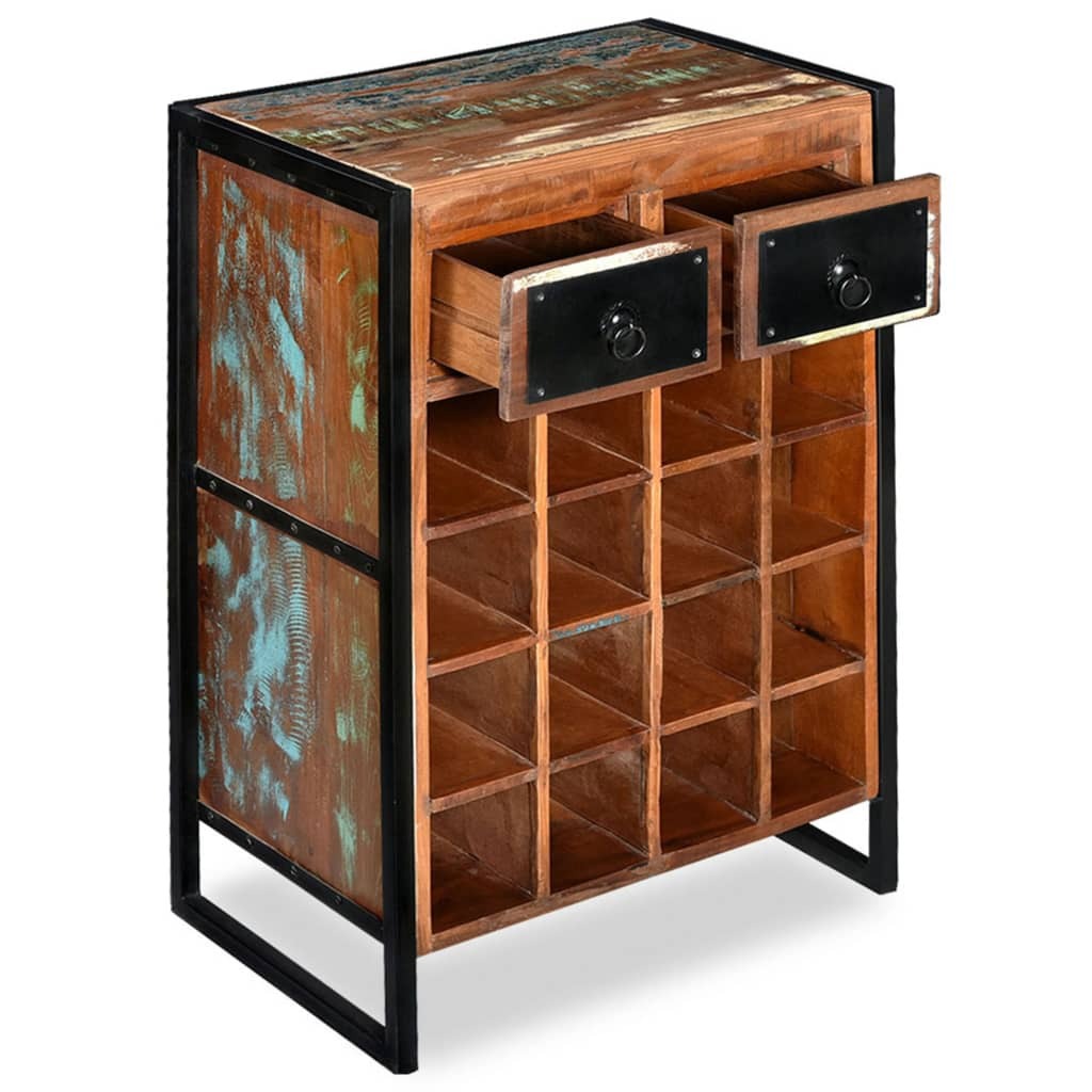 Side view of 16-bottle wine rack with reclaimed solid wood construction and industrial metal frame for sturdy storage