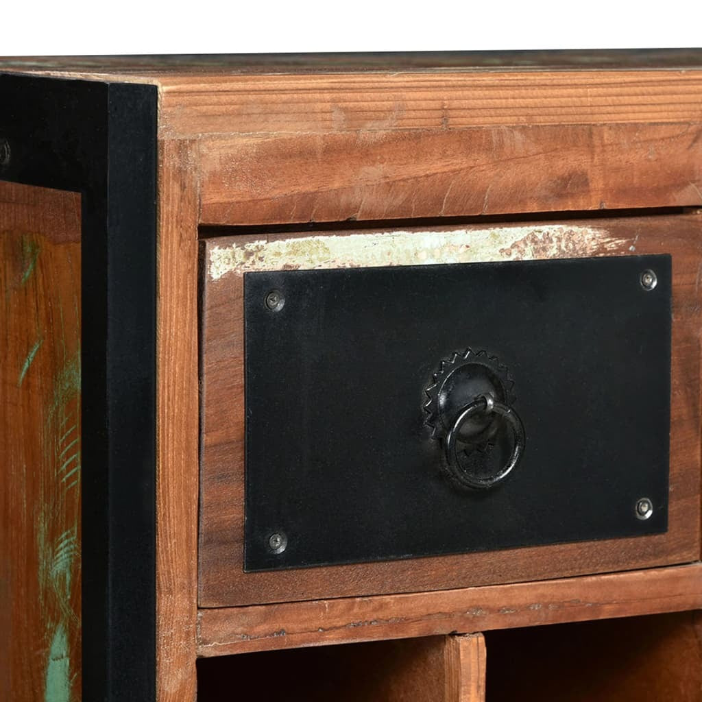 Close-up of wine bottle slots in reclaimed wood rack, secure storage for 16 standard bottles with industrial design