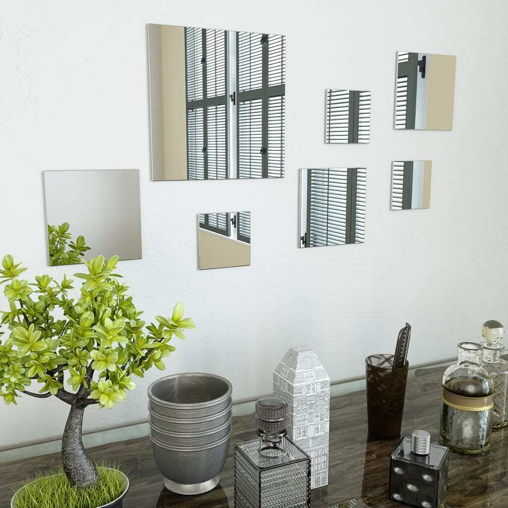 Set of 7 transparent glass square wall mirrors in different sizes - 3 small 3.9 inch, 3 medium 5.9 inch, 1 large 9.8 inch decorative mirror set for modern home decor