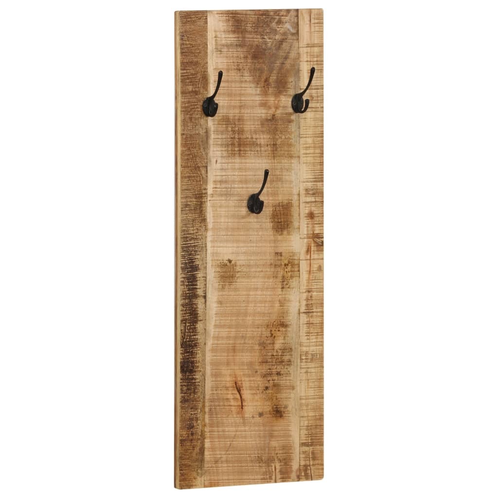 Close-up of solid mango wood coat rack showing natural wood grain, lacquered brown finish, and three durable steel hooks for hanging coats and bags