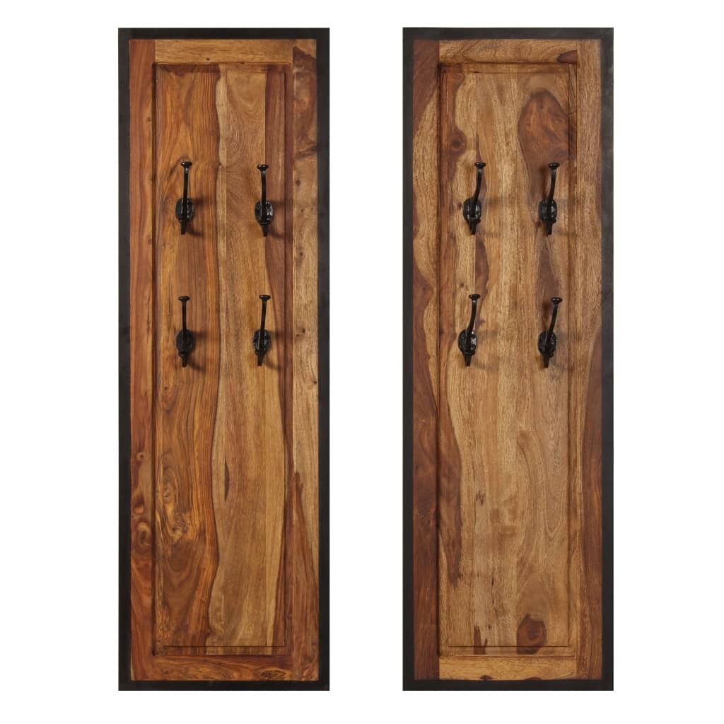 Rustic acacia wood coat rack showing 4 sturdy hooks and polished finish, perfect for hallway storage
