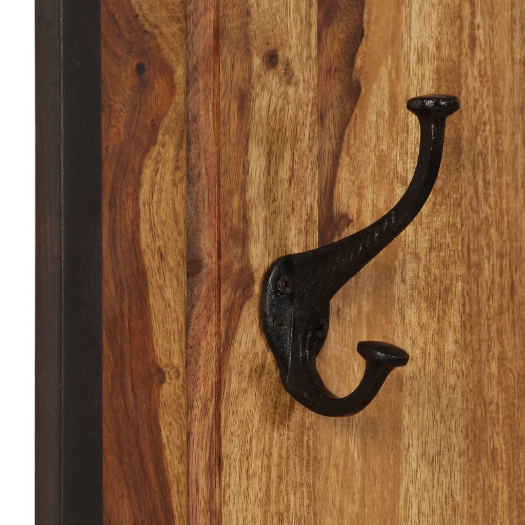 Solid acacia wood coat rack detail showing polished finish and sturdy hook construction