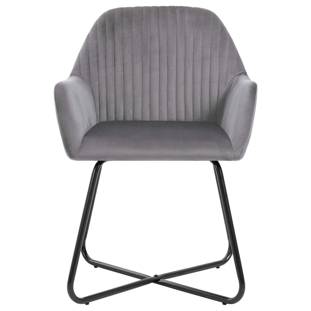 Single gray velvet dining chair side view showing ergonomic backrest and metal legs