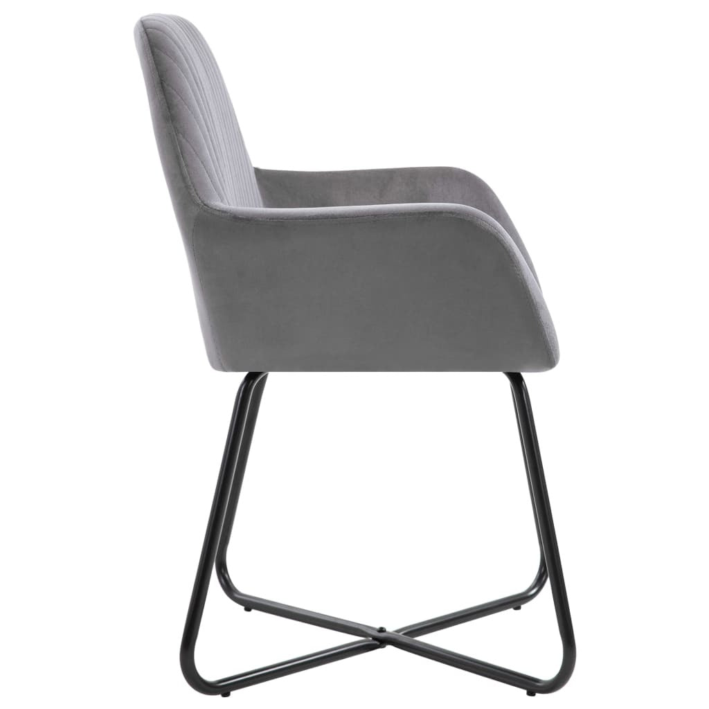 Front view of gray velvet dining chair with padded seat and backrest