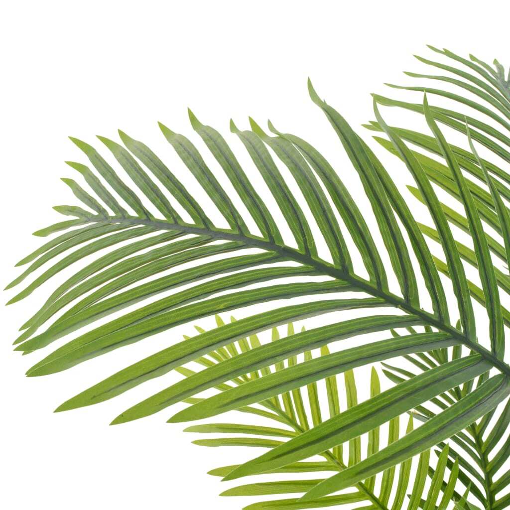 Close-up of lifelike artificial palm plant showing natural green and brown colors with wooden base, zero maintenance tropical decorative accent for any space