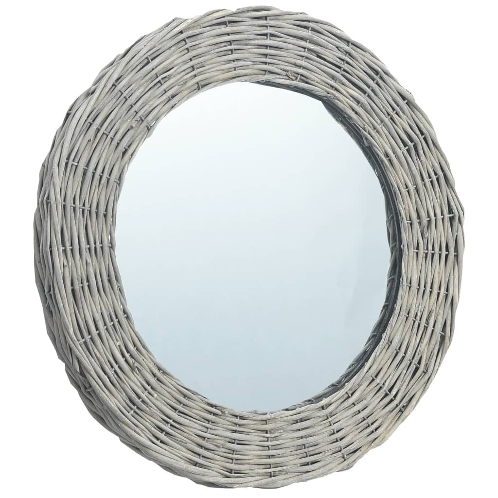 Close-up of handmade wicker basketweave pattern on natural rattan mirror frame showing intricate artisan craftsmanship