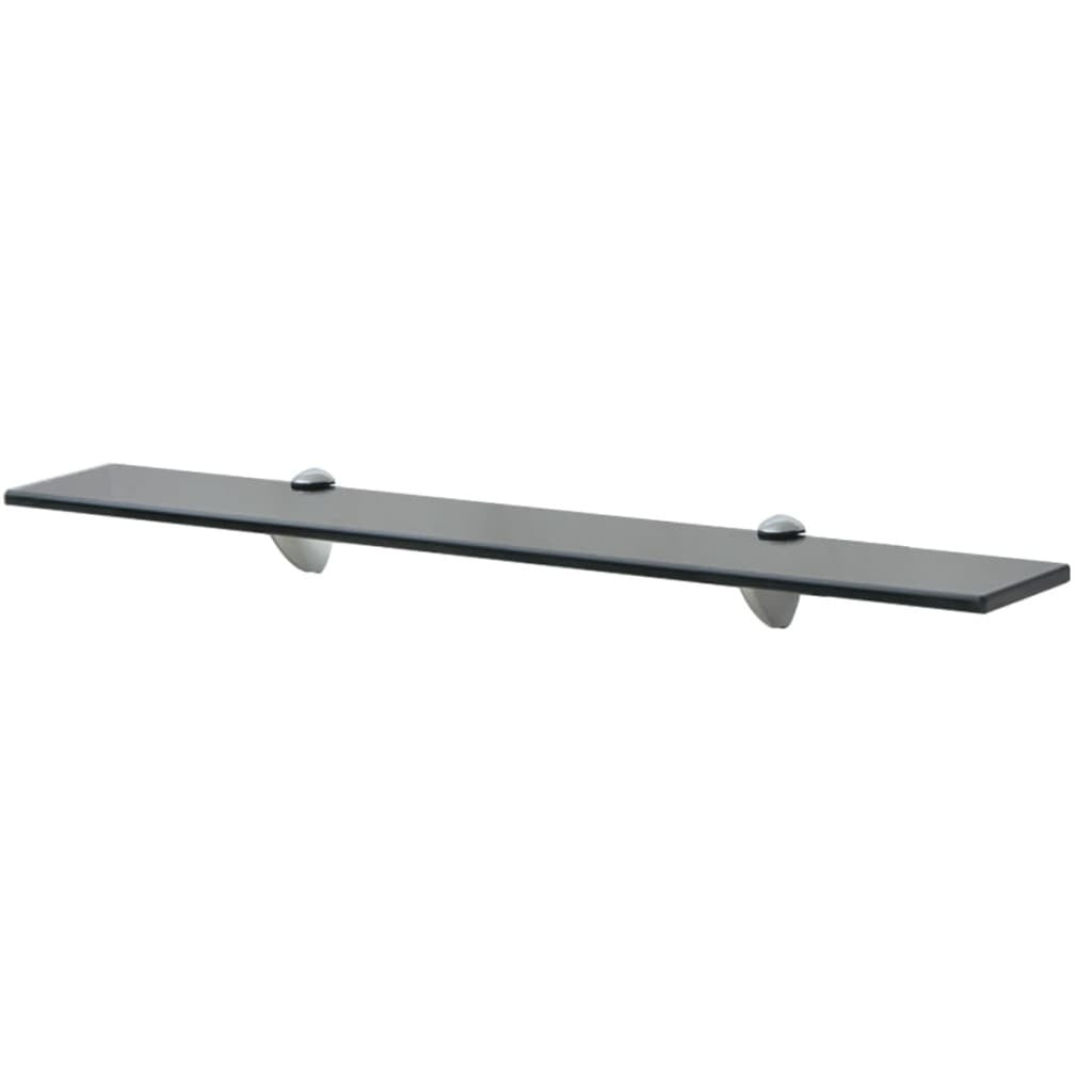 Close-up of black tempered safety glass shelf with sleek zinc alloy mounting hardware