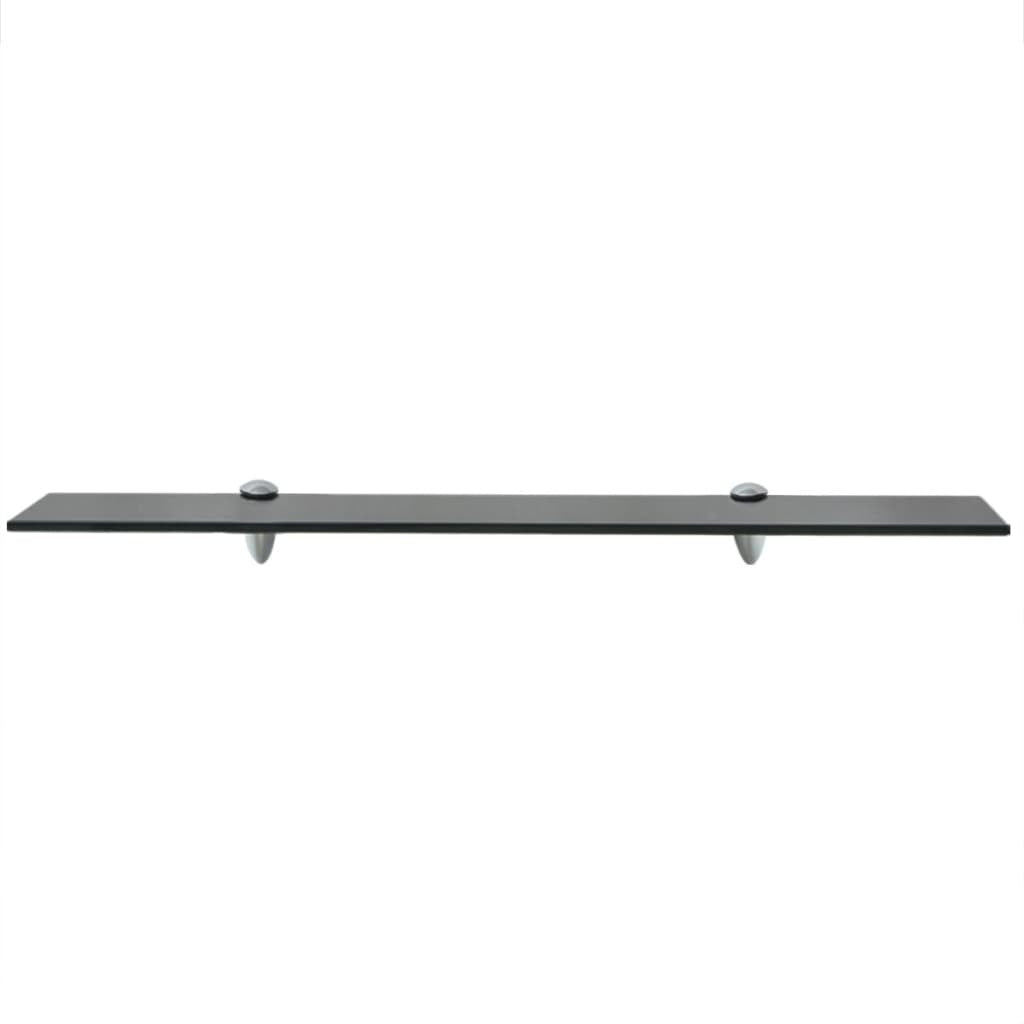 Black glass floating shelves installed in modern bathroom displaying toiletries and decor