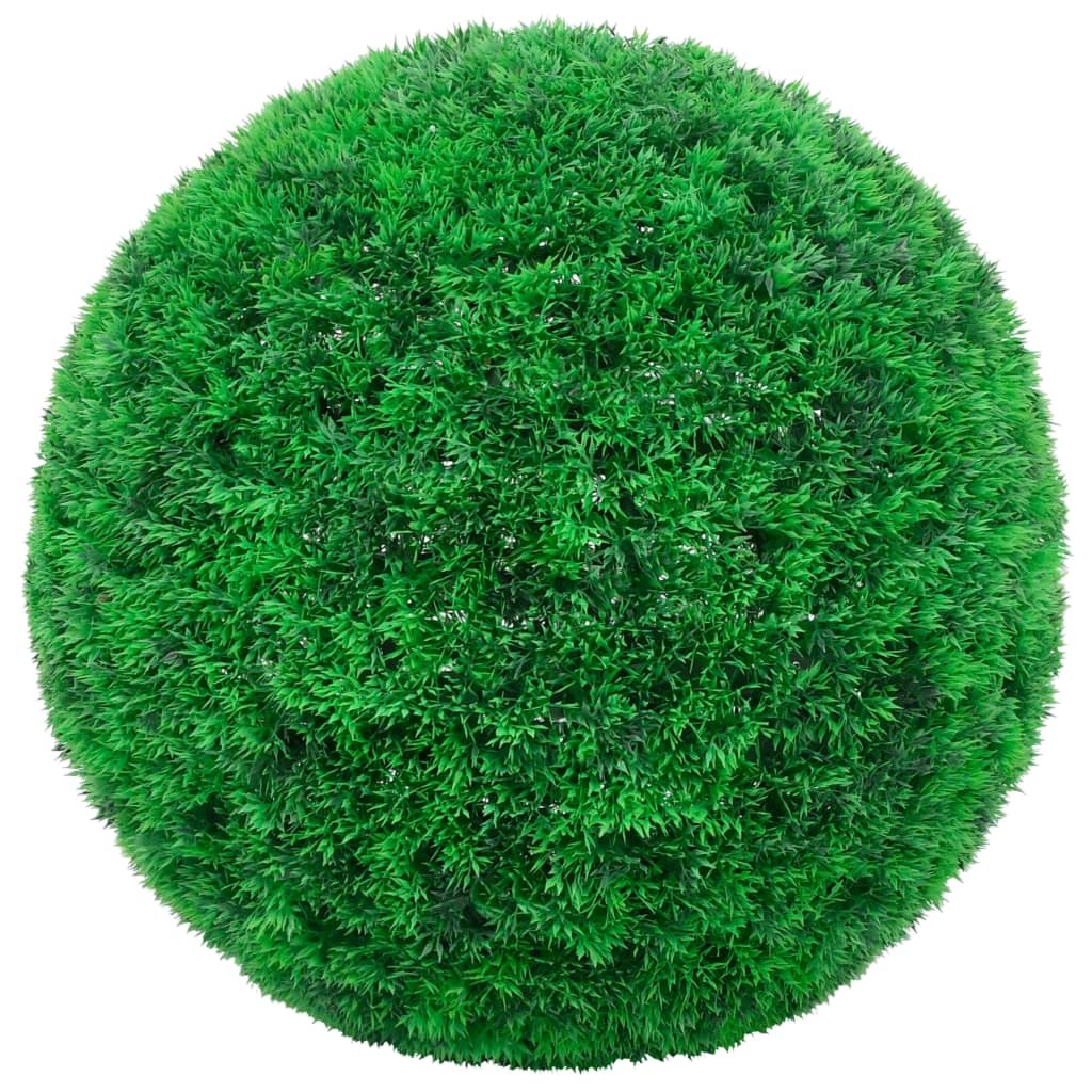 Close-up of artificial boxwood topiary ball showing realistic mixed green foliage texture and matte finish, maintenance-free decorative accent for home or garden