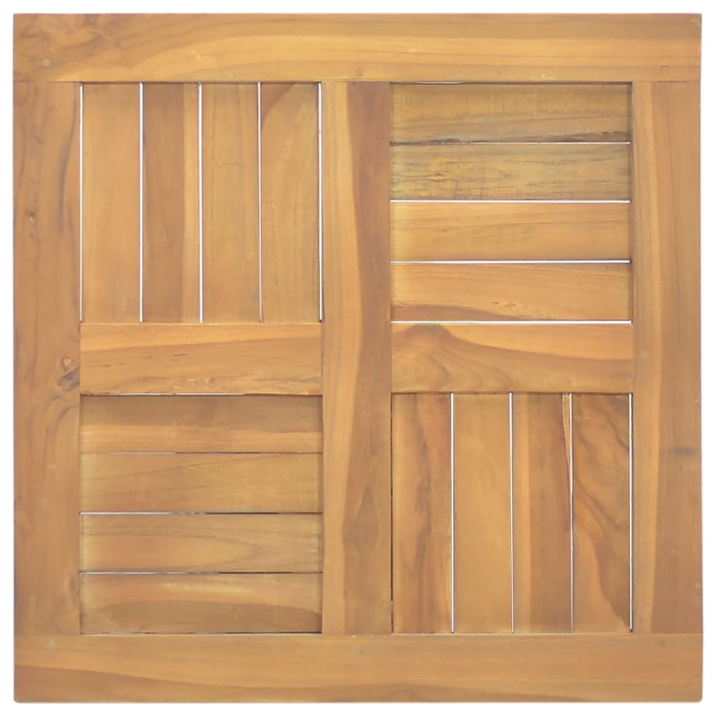 Side view of square teak table top showing thickness and edge construction