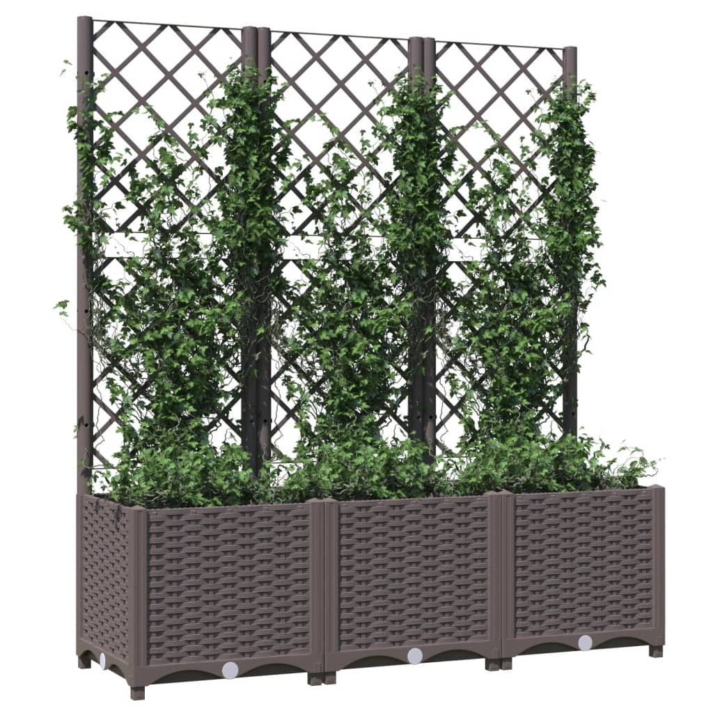 Close-up of polypropylene planter with trellis showing UV-resistant brown finish and lattice framework