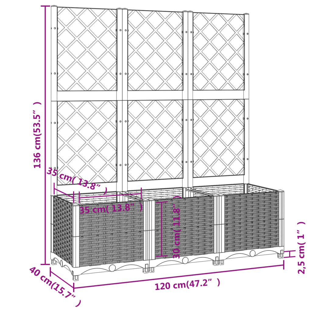 Detail of polypropylene planter construction showing durable UV-resistant material and trellis support