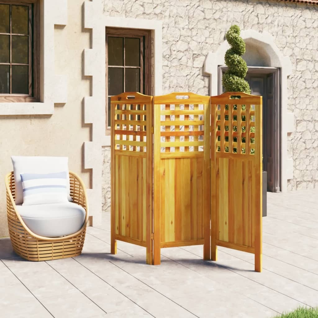 3-panel acacia wood room divider folded showing compact storage design and hinges