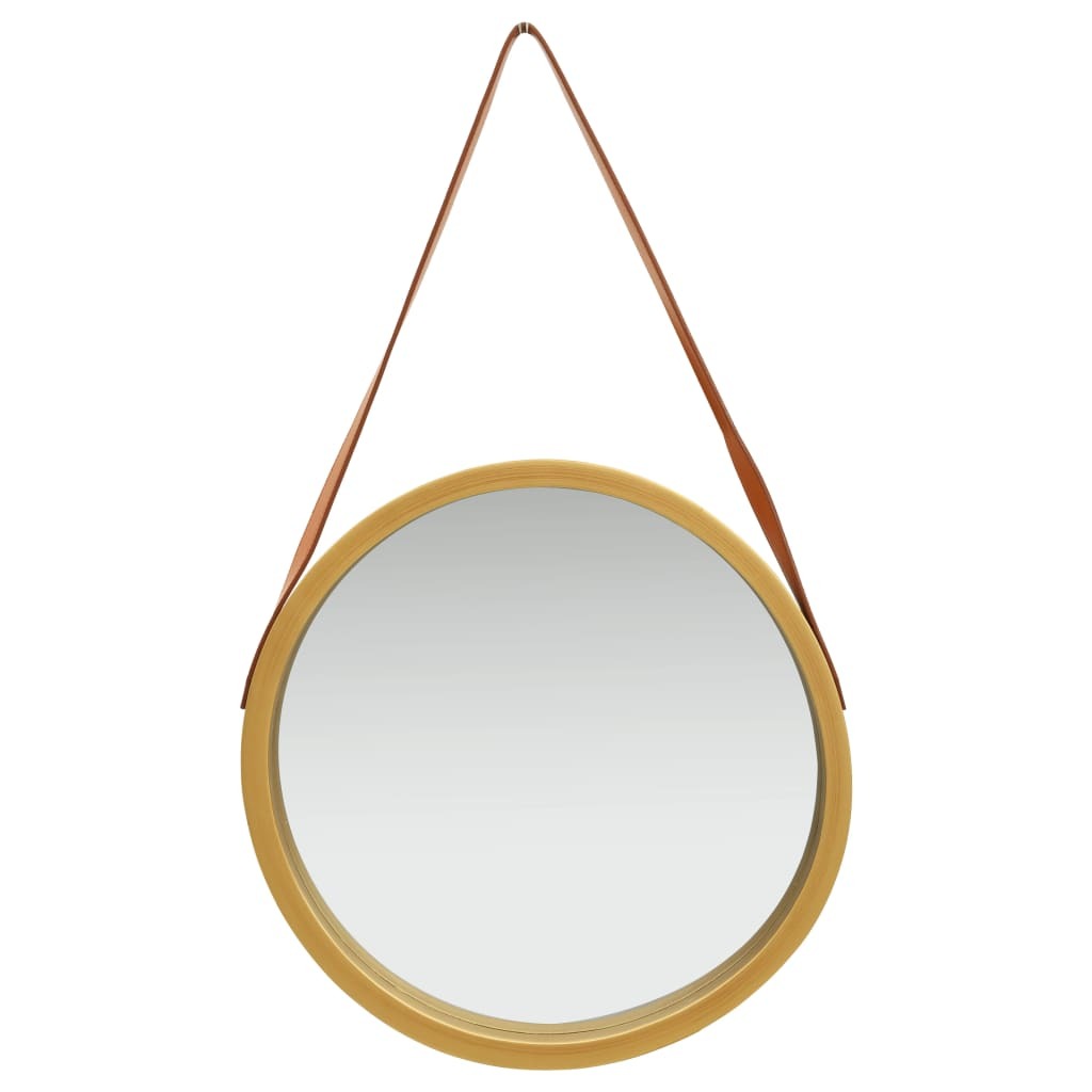 Gold metallic round mirror showing leather hanging strap and adjustable height feature for versatile placement