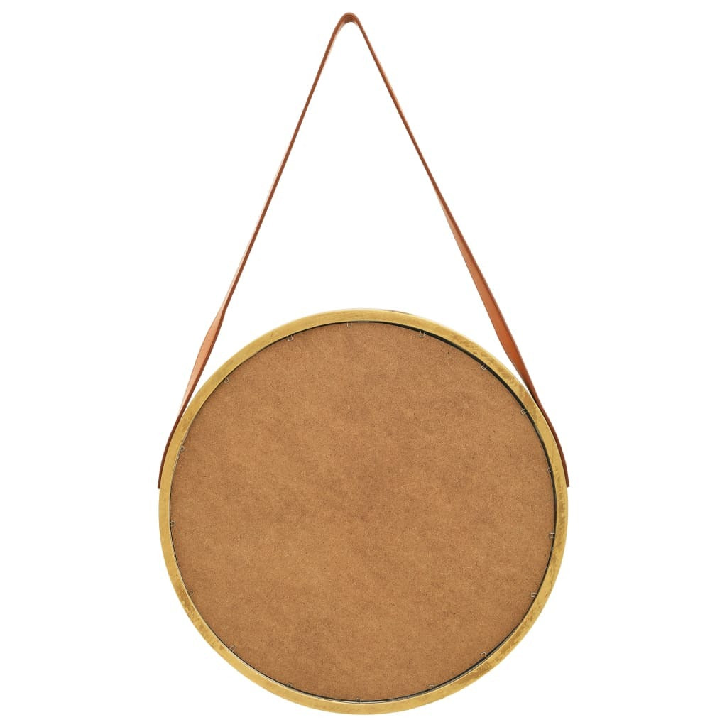 Gold round mirror side view displaying sturdy leather strap detail and premium soft-touch finish