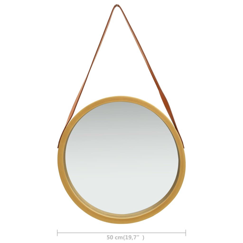 Retro gold round wall mirror full product view, 19.7 inch diameter with leather strap for bedroom entryway bathroom