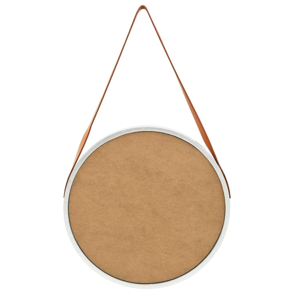 Round wooden board with a leather strap on a white background