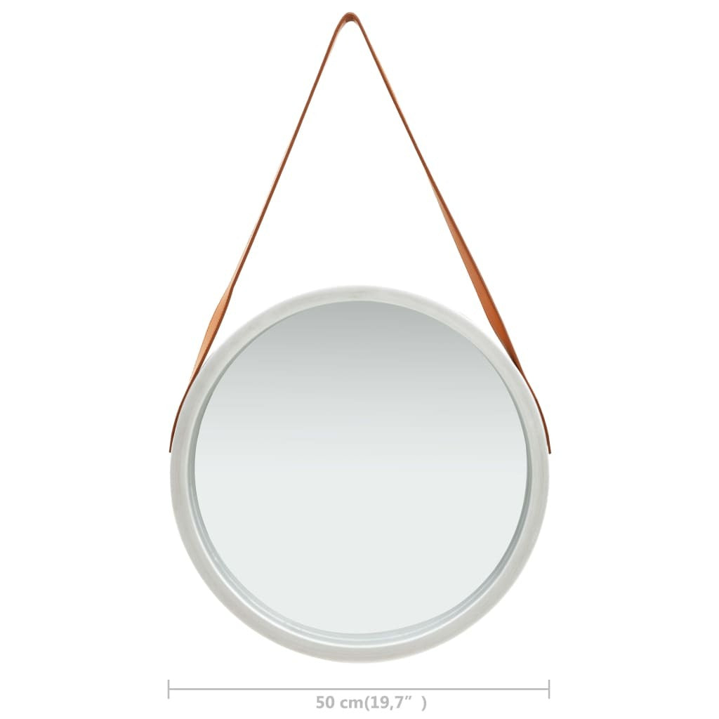 Round mirror with a brown leather strap on a white background