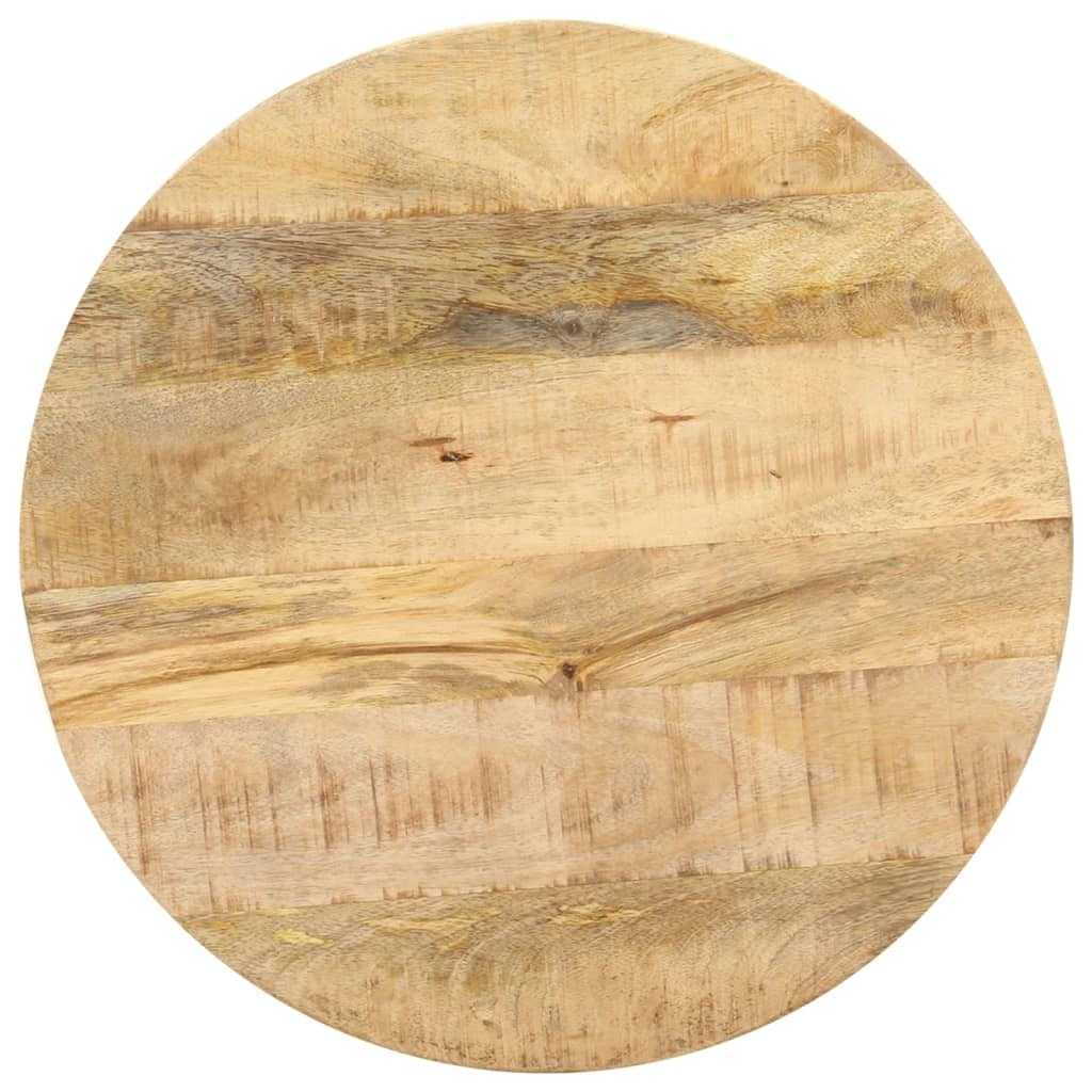 Close-up of natural mango wood grain texture and finish on round table top