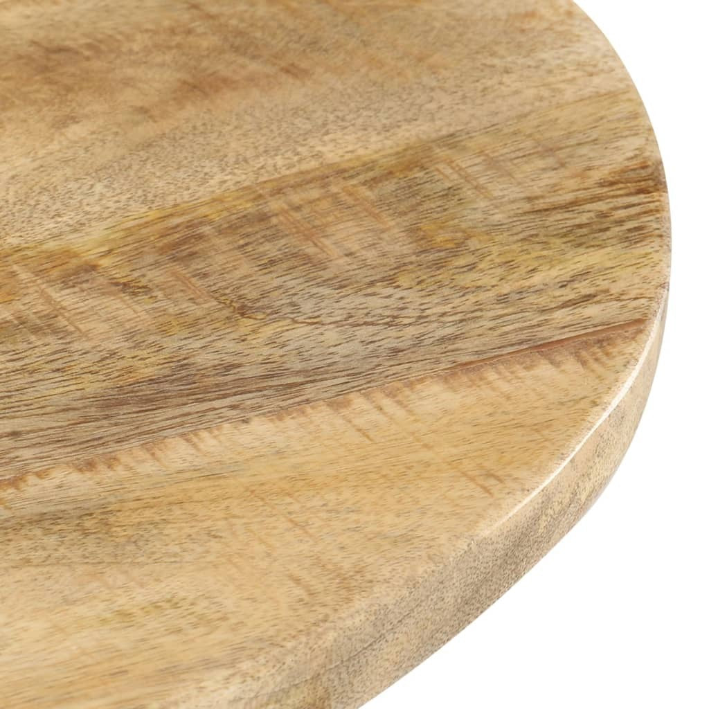 Side view of industrial mango wood round table with metal X-base legs