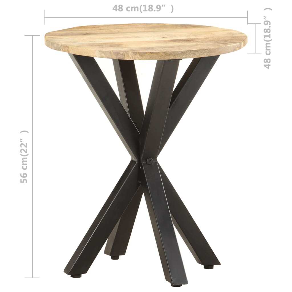 Profile view of round mango wood side table showing height and proportions