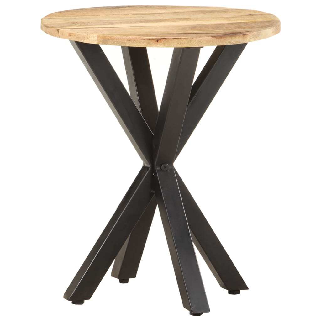 Detail of metal X-frame base connection on mango wood side table