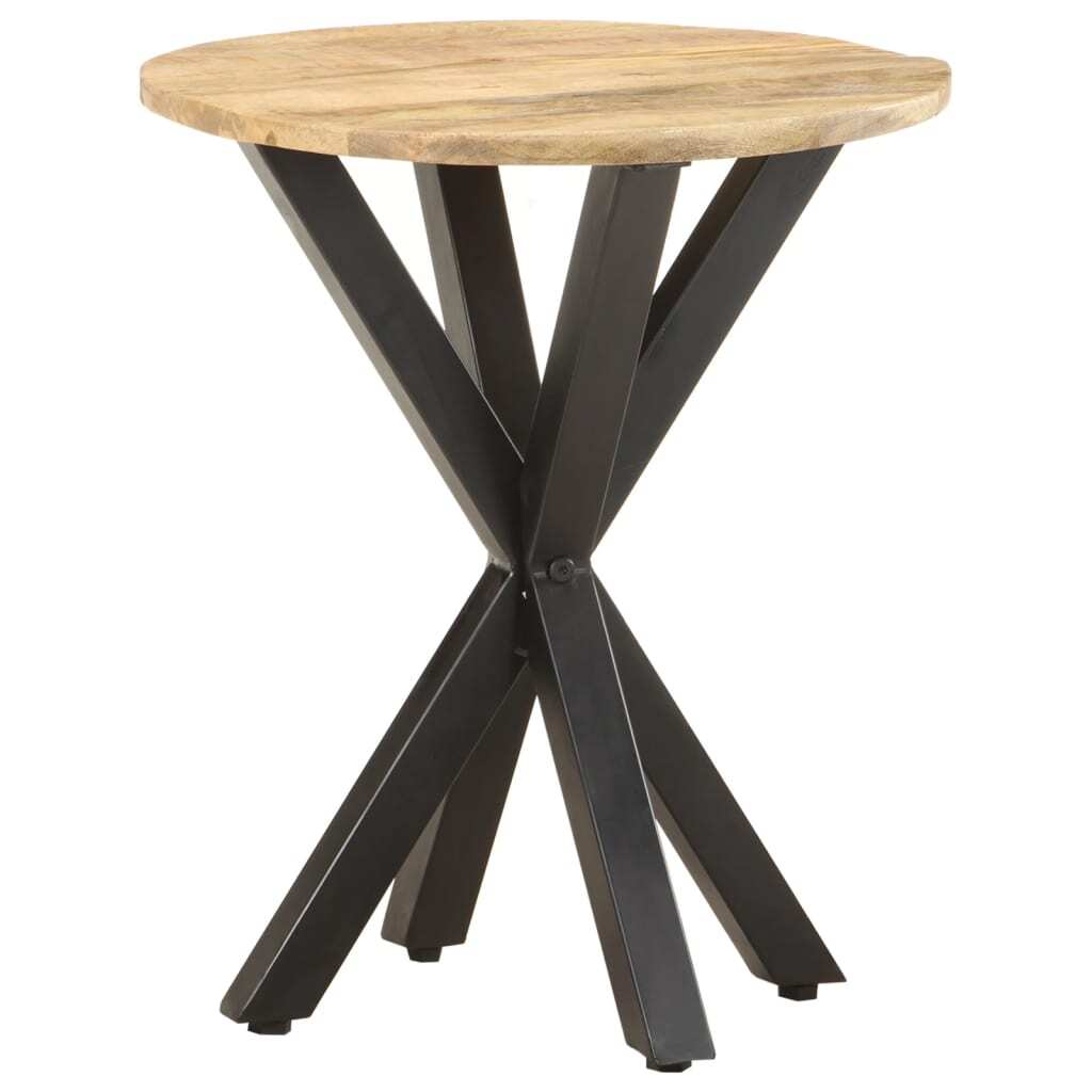 Angled view of industrial round side table with natural mango wood top