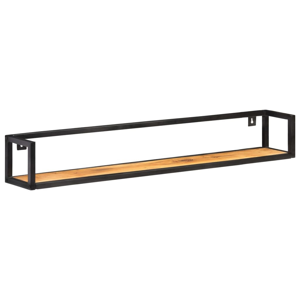 Close-up view of natural acacia wood floating shelf showing solid wood grain and powder-coated metal frame