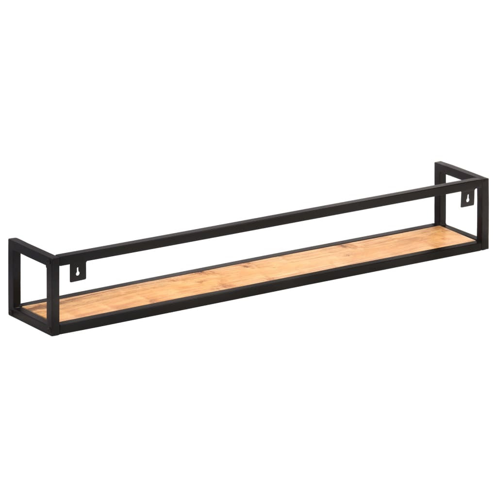 Natural acacia wood floating shelf with metal brackets showing wall mounting system