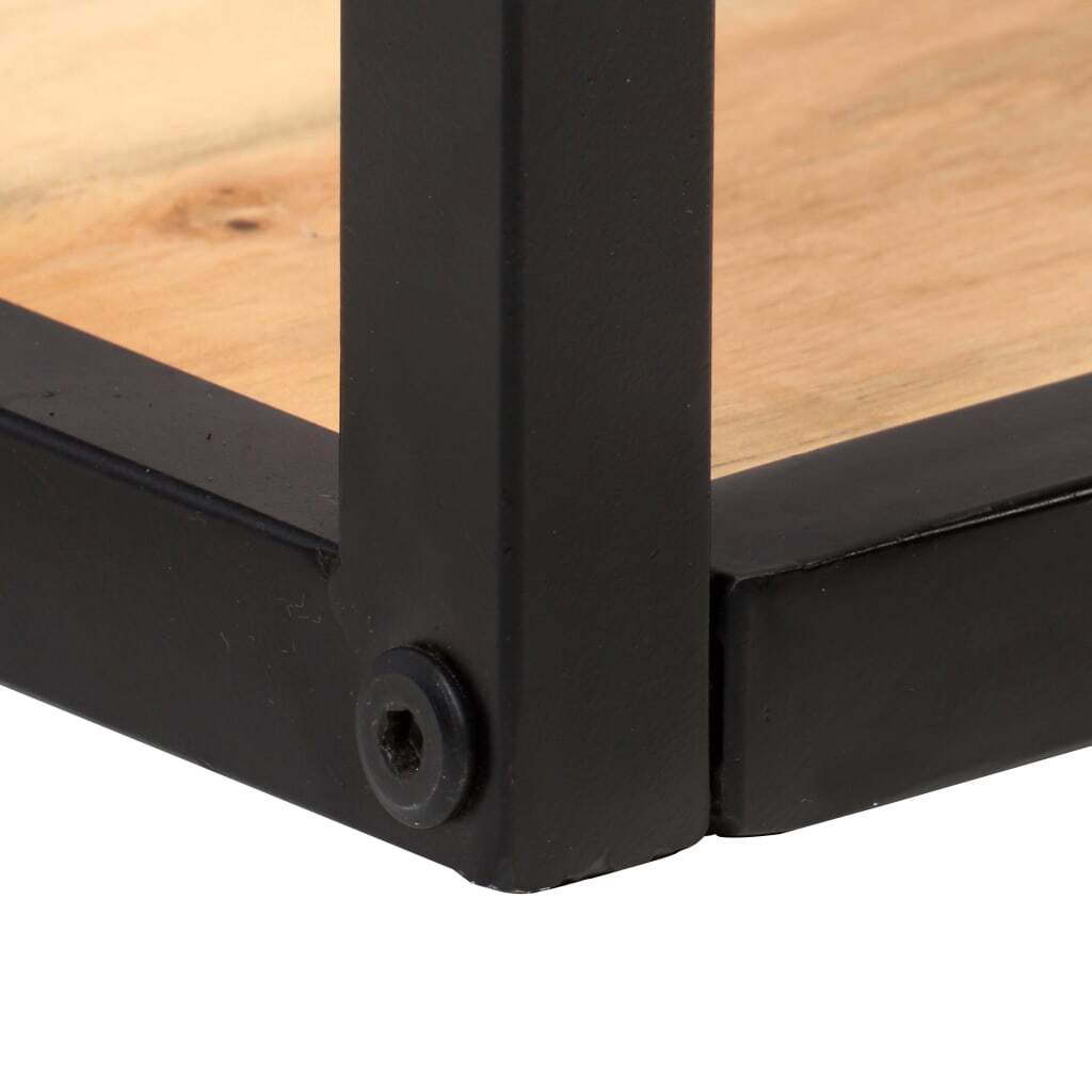 Natural acacia wood floating shelves assembly parts showing metal frame and mounting hardware
