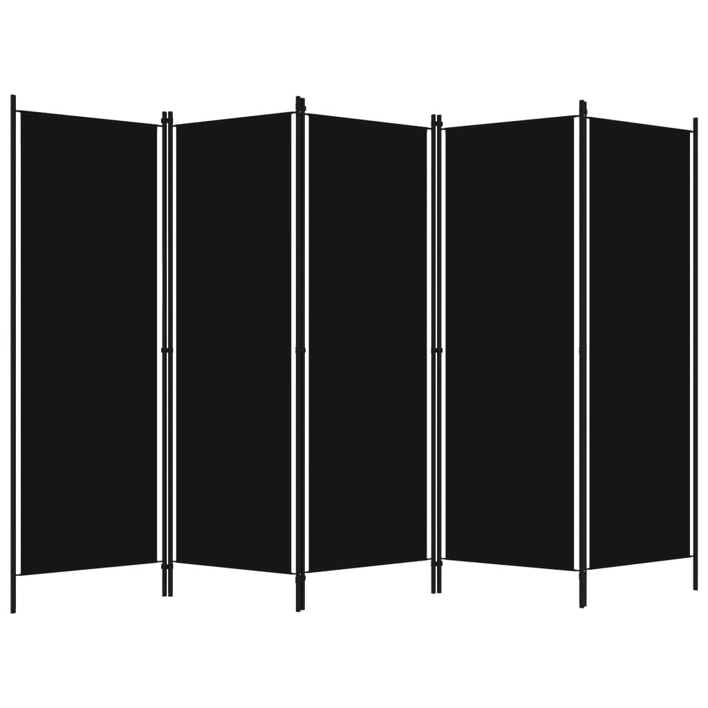 Close-up view of black fabric room divider panels showing polyester material and iron frame construction