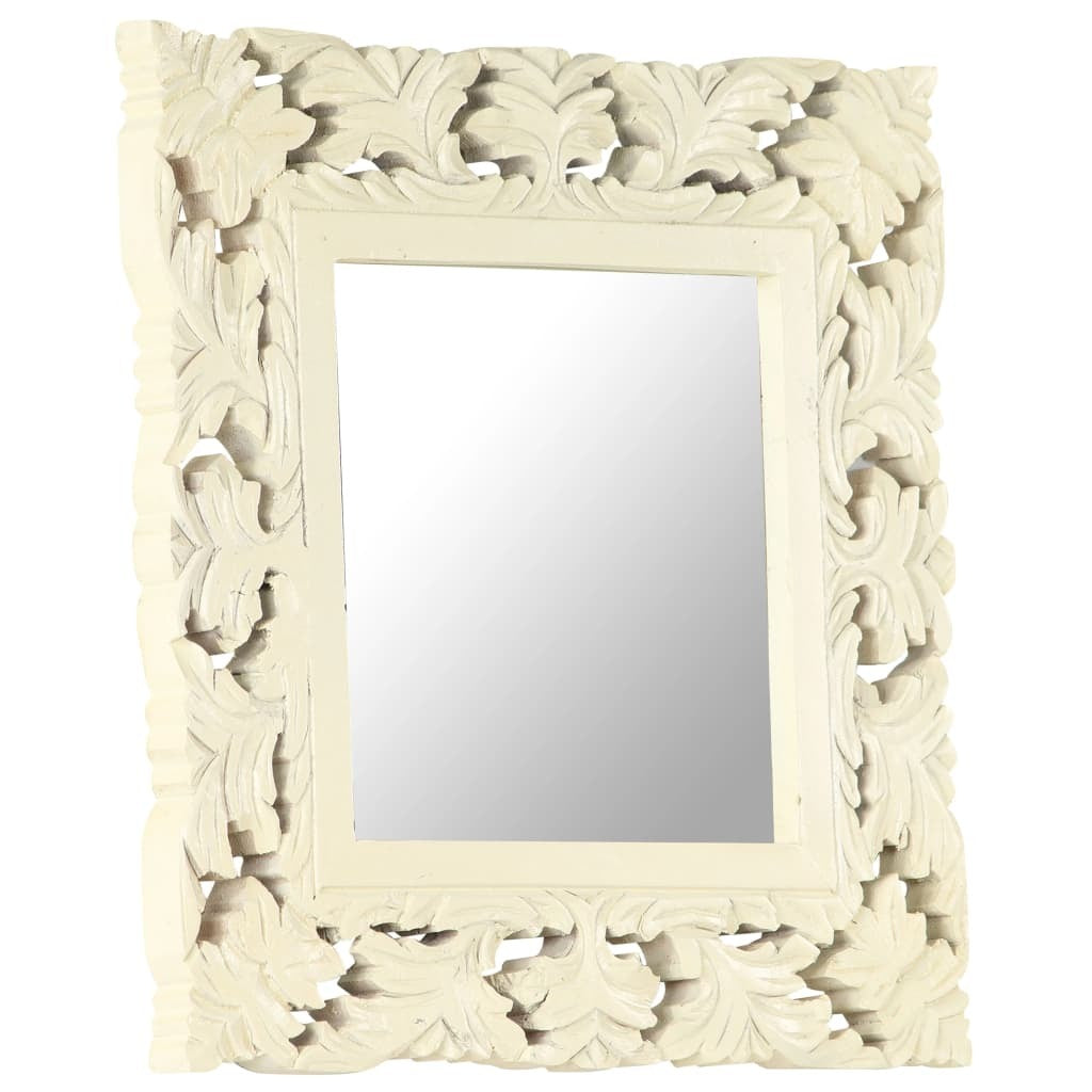 Close-up detail of hand-carved floral pattern on white mango wood mirror frame showing exceptional artisan craftsmanship and textured surface