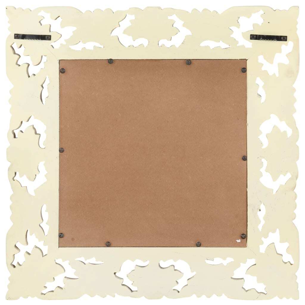 Front view of white carved wood mirror displaying complete geometric floral design with dimensional details perfect for modern or bohemian interiors
