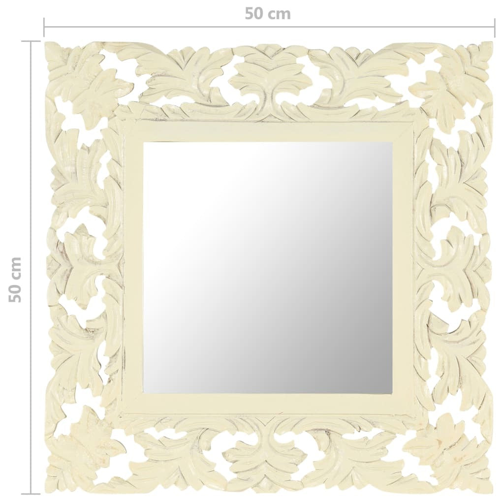 Three-quarter view of 20-inch square mirror emphasizing hand-carved floral pattern and substantial solid wood construction
