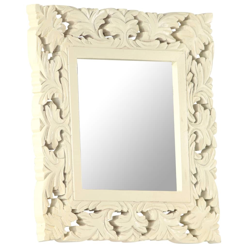 Full view of white decorative mirror displaying complete square shape and intricate hand-carved pattern, versatile wall art for any room