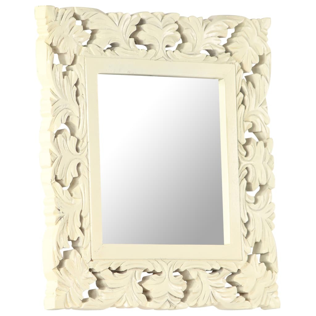 Detail of white finish on hand-carved mango wood showing how color enhances the dimensional floral geometric pattern