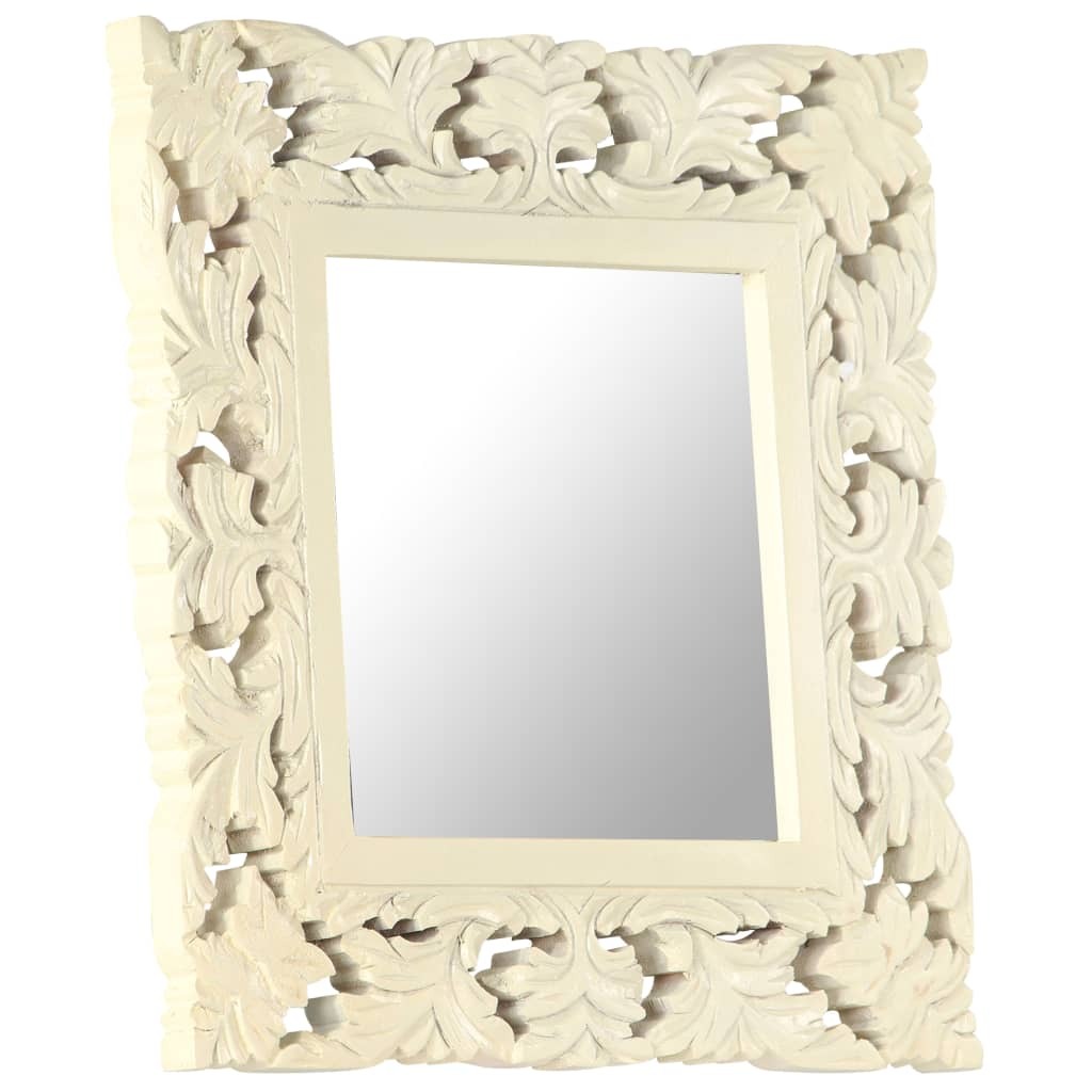 Profile view of artisan carved mirror showing 1-inch depth and quality solid mango wood construction, ready to hang decorative piece