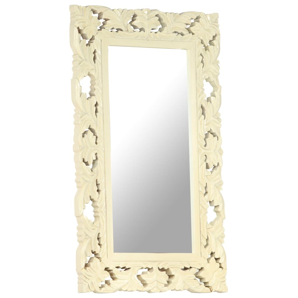 Decorative cream-colored mirror with intricate carvings on a white background