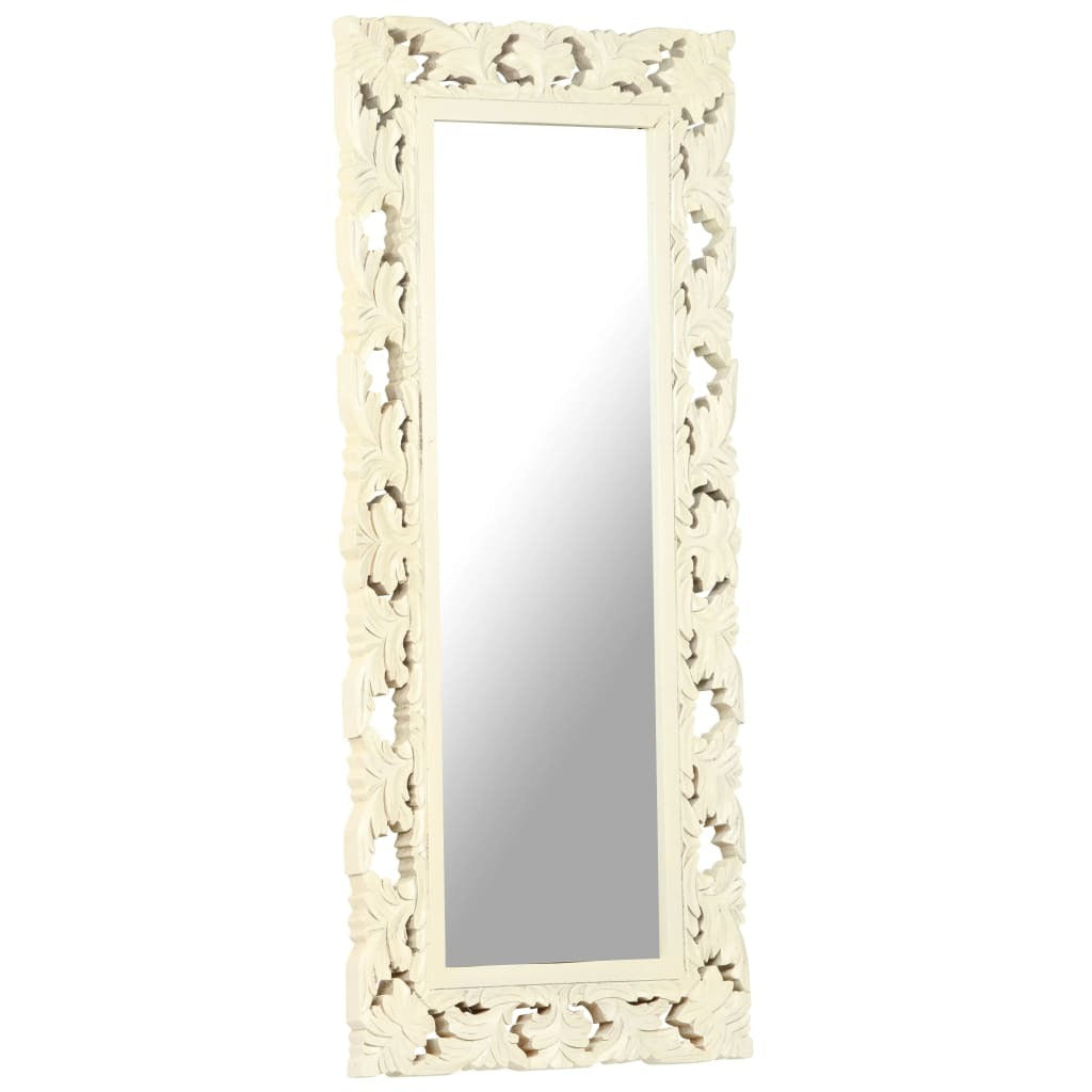 Close-up detail of hand-carved decorative inlays on white mango wood mirror frame showing exceptional artisan craftsmanship and matte finish