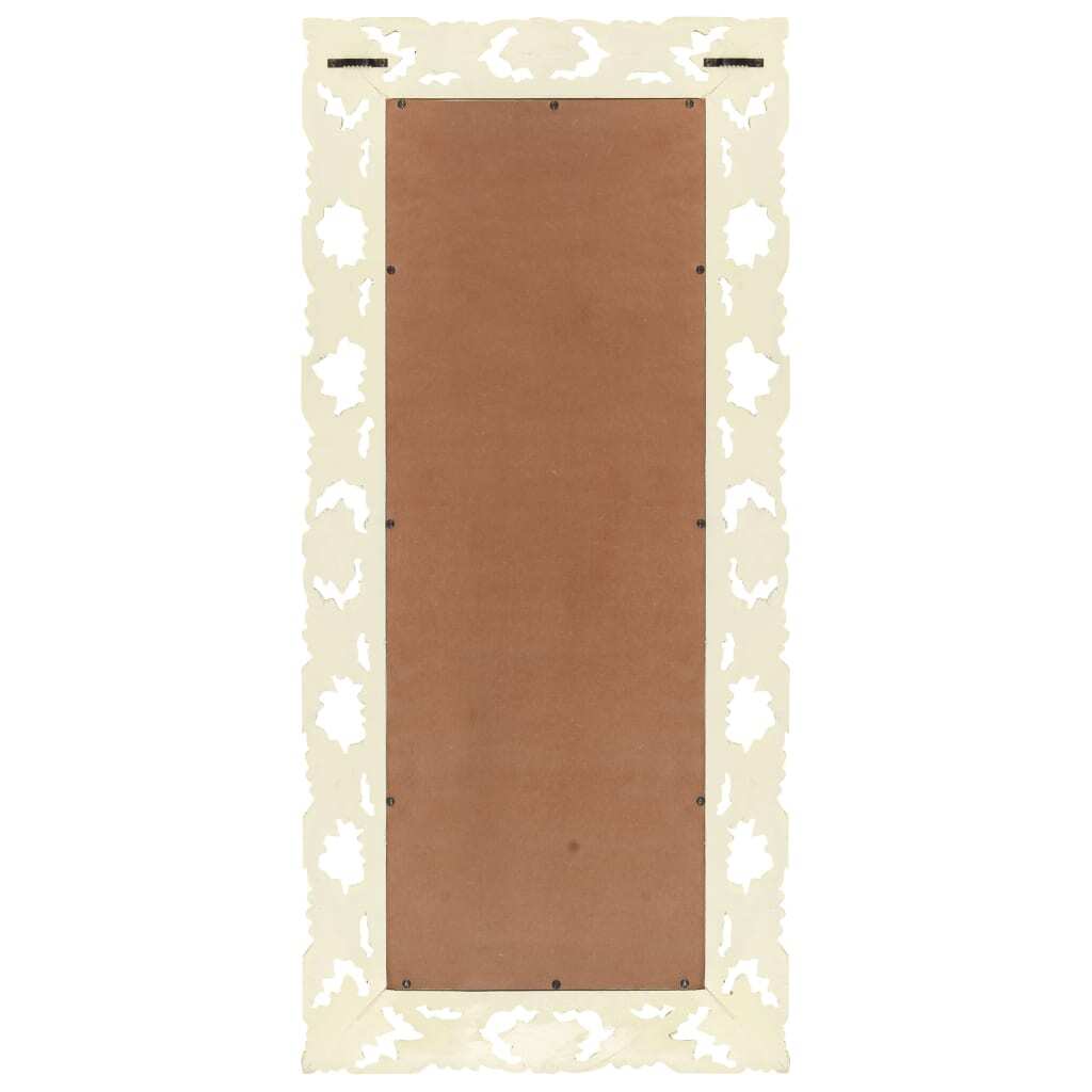 Front view of white carved wood mirror displaying complete rectangular shape and intricate hand-carved pattern perfect for modern or traditional interiors