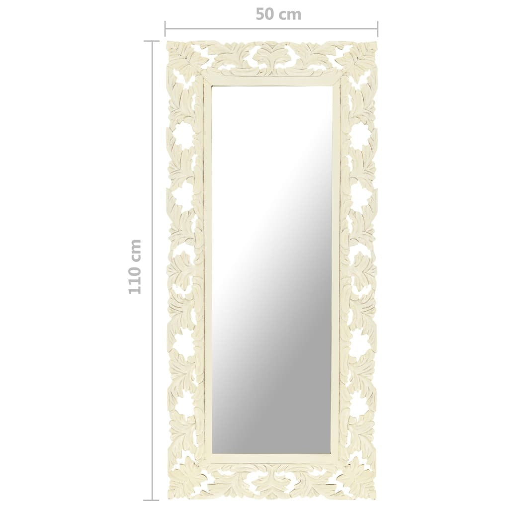 Three-quarter view of 43-inch long mirror emphasizing hand-carved decorative inlays and substantial solid wood construction